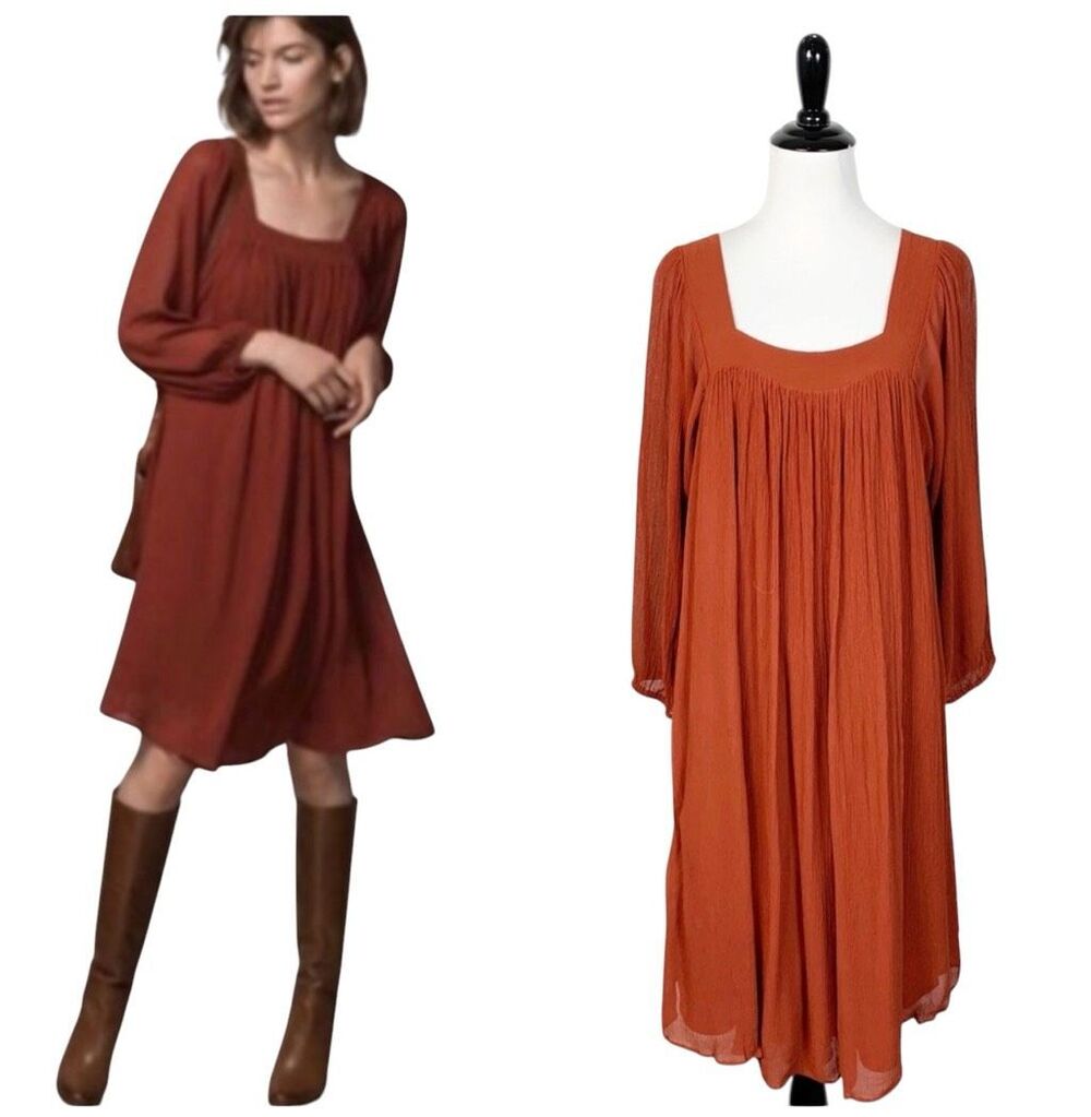 Massimo Dutti Medium terracotta brick rust square neck pleated boho swing dress